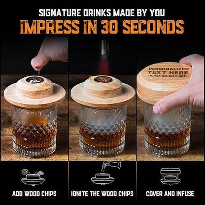 Personalised Whiskey Smoker Kit with Torch & Butane with Oak Wood Chips - Custom Engraved Smoke Lid for Bourbon & Old Fashioned Cocktails - Unique Whiskey Gifts for Men - Fits Various Glasses