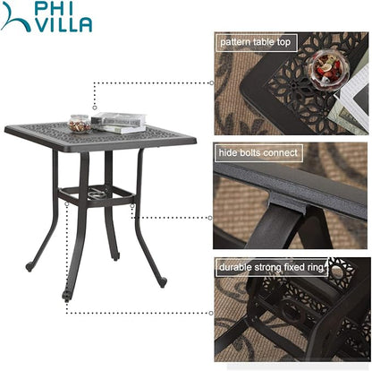 PHI VILLA Cast Aluminum Patio Bistro Dining Table Clearance with 1.97" Umbrella Hole, 27.5" Square Side Dining Table with Frosted Surface for Lawn Garden Yard