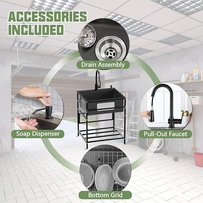 Black 25x22 Inch Freestanding Utility Sink-Stainless Steel Laundry Sink Practicality With Accessories Black Stainless Faucet,Soap Dispenser, SS Sink Grid For Laundry,Garage,Outdoor Kitchen,Garden...