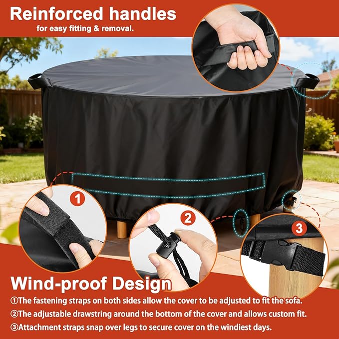 LBTING Round Patio Furniture Cover, Outdoor Table Chair Set Covers 62Dia x 28H Inches, 420D Waterproof Windproof Dust-proof UV-Resistant Furniture Cover - Black