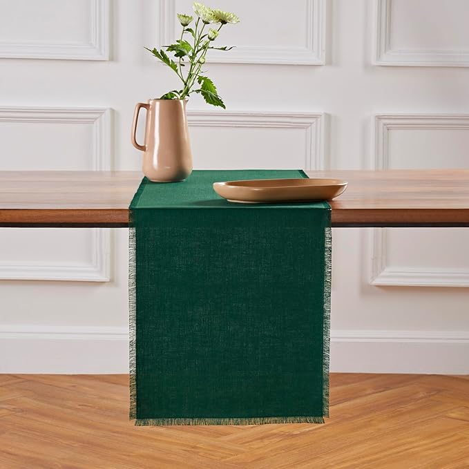 Solino Home Linen Evergreen Table Runner 36 Inches - Fringe, 100% Pure Linen Small Table Runner 14 x 36 Inch Ideal for Dresser and Coffee Tables - Winter, St Patricks Day