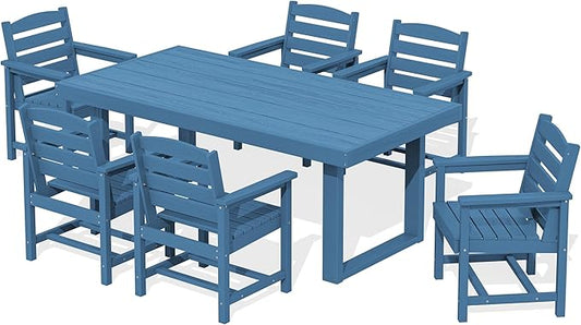 SERWALL HDPE Outdoor Dining Set for 6, 67'' All Weather Patio Dining Table and Chairs Set for Deck, Lawn, Blue