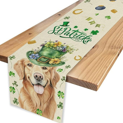 St.Patrick's Day Table Runner,Sharmrock Dog Hat Golden Retriever Beige Rustic Table Center Decor for Home Kitchen Dining Patio Holiday Party Indoor Table Decorations, 13"x72"