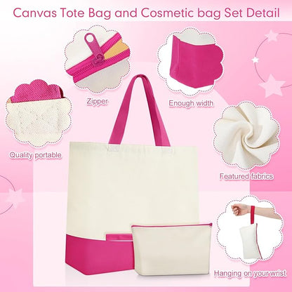Sanwuta 24 Pcs Canvas Tote Bags Bulk with Zipper Cosmetic Bags 18.5" Cotton Canvas Bag with Handles Reusable Shopping Bags