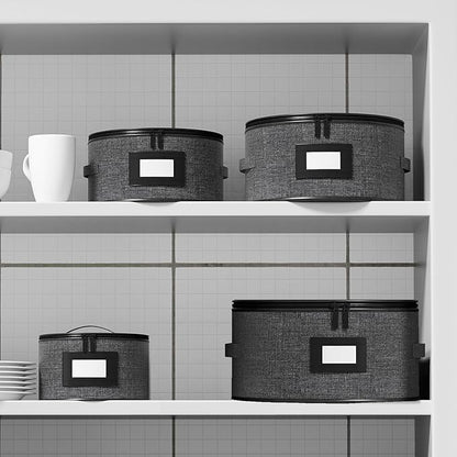 Aokeyee 4 Pcak China Storage Containers, Hard Shell Plates Storage Box with 48 Soft Divider for Saucer, Dessert, Salad, Dinner, Sturdy Quilted Stackable Dish Organizer for Moving & Protection, Grey