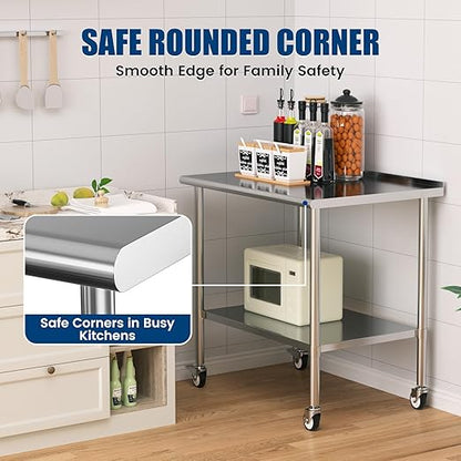 Stainless Steel Work Table with Wheels, 30x48 Inch NSF Food Prep Table with Backsplash & Adjustable Undershelf for Kitchen, Restaurant, Garage