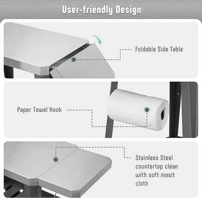 Outdoor Grill Cart, Pizza Oven Table with Wheels, Stainless Steel Countertop with Foldable Extension Table, Versatile Food Prep Grill Cart for Outdoor BBQ Cooking Gathering