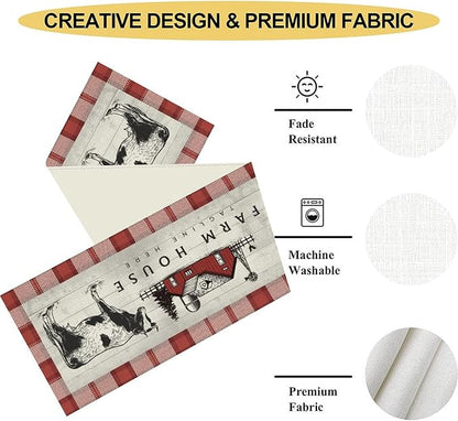 Farmhouse Cow Table Runner, Rustic Red Plaid Animals Buffalo Coffee Table Center Decor for Family Kitchen Dining Room and Living Room Outdoor Country Holiday Party Table Decorations, 13" X 90"