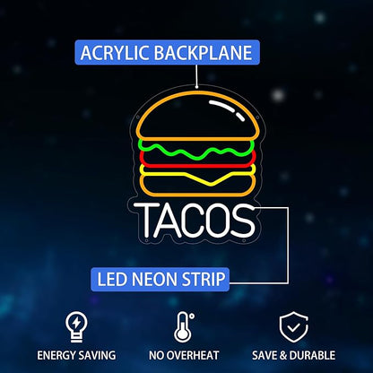 Tacos Neon Sign for Wall Decor, Hamburger Led Signs, Dimmable Neon Light Sign for Restaurant, Snacks, Living Room, Bar Decoration, USB Powered Light Up Signs for Kitchen