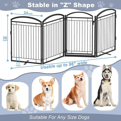 Full Metal Free Standing Dog Gate with Door for Outdoor Indoor,96'' Extra Wide 36'' Tall Dog Gates for Doorways,Large Openings,Decks,Porch,Freestanding Portable Pet Fence(4 Panels,Black)