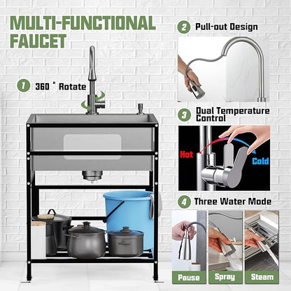 25x22 Inch Stainless Steel Utility Sink-Freestanding Laundry Sink Practicality With Accessories Stainless Functional Faucet,Soap Dispenser, SS Sink Grid For Laundry,Garage,Outdoor Kitchen,Garden...