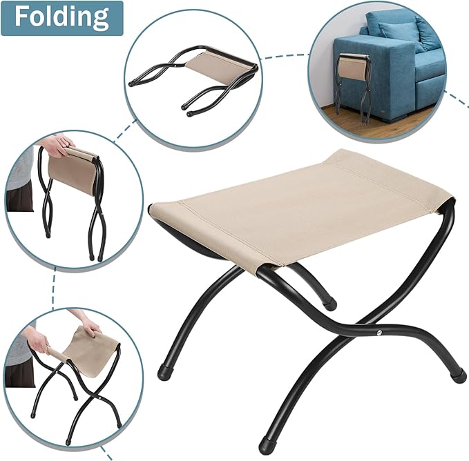 15" Foldable Foot Stool Ottoman with Metal Frame - Washable Brown Upholstered Indoor/Outdoor Footrest for Living Room, Bedroom, Patio - Space-Saving Compact Design