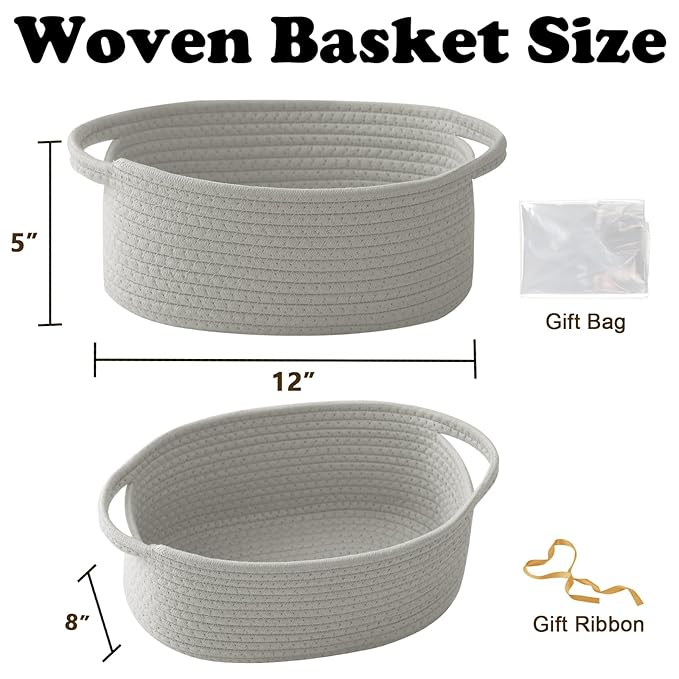 Gift Basket with Gift Bag and Ribbons,Small Rope Woven Shelf Storage,Baskets for Gifts Empty,Birthday,Baby Shower,Decorative Organizer Box with Handles(Grey)