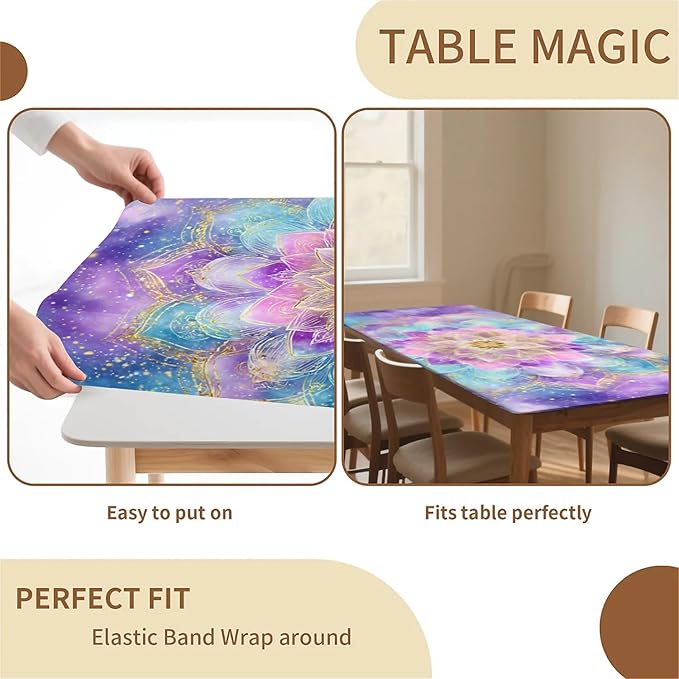 Rectangle Table Cloth Cover Waterproof Elastic Fitted Polyester Fitted Tablecloths for 8 Foot Tables for Indoor,Picnic, Camping, Outdoor （96" x 30"，Datura）