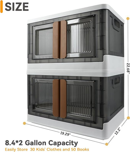 Storage Bin, Plastic Cabinet, 8.4 Gallon Capacity (32L Per One), 2 Pack, Collapsible Box with Lids, Foldable Drawer, Transparent, Organizers for Home and Office