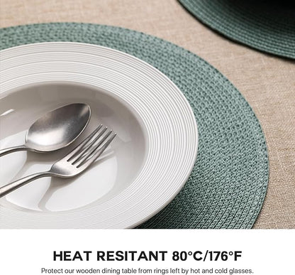Round Placemats Set of 8 Plastic Woven Placemats Washable Wipeable Table Mats for Dining Table Heat Resistant Non-Slip Circle Place Mats (Dusk Green)