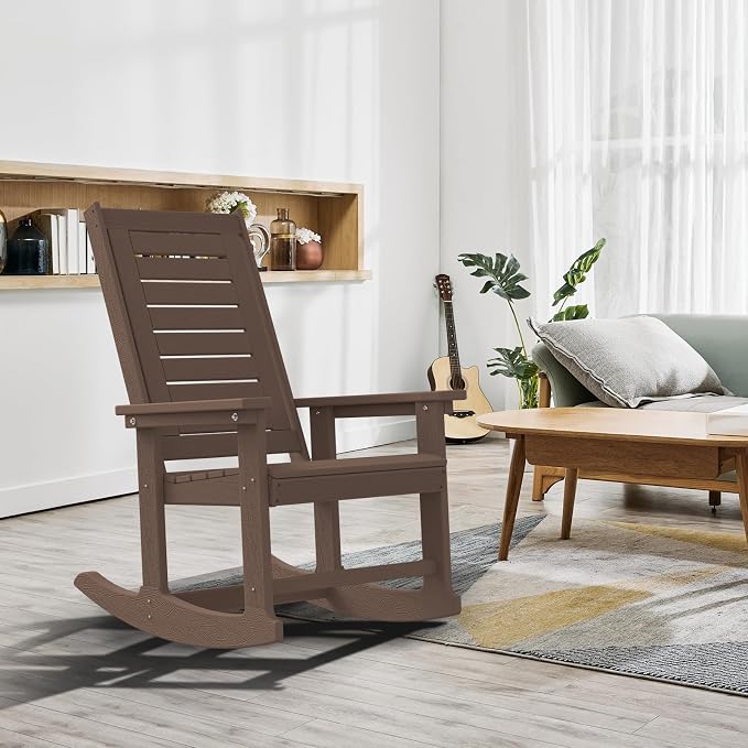 GREENVINES Outdoor Rocking Chairs Set of 2, HDPE Rocker, Dark Brown | Wood - Image 2