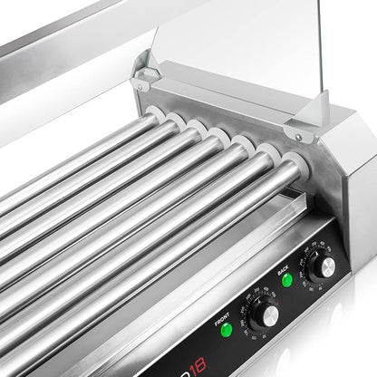 Olde Midway Electric 18 Hot Dog 7 Roller Grill Cooker Machine with Cover 900-Watt - Commercial Grade