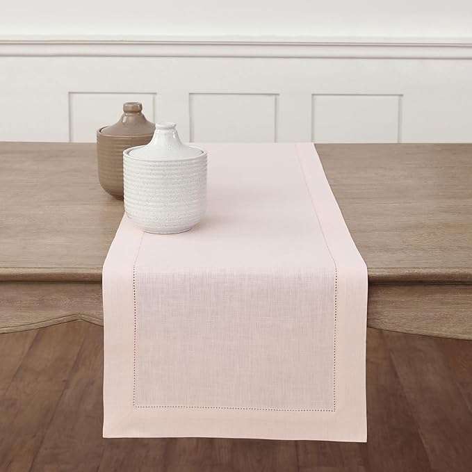 Solino Home Linen Pink Table Runner 48 Inches - Classic Hemstitch, 100% Pure Linen Coffee Table Runner 14 x 48 Inch Ideal for Dresser Tables - Valentines, Spring, Easter