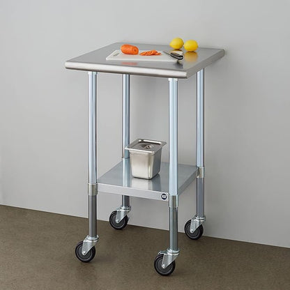 ROCKPOINT Stainless Steel Table for Prep & Work with Caster Wheels 24x24 Inches, NSF Metal Commercial Kitchen Heavy Duty Table with Adjustable Under Shelf and Table Foot for Restaurant, Home and Hotel