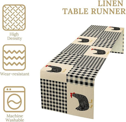 Farm Animal Table Runner, Chicken Hen Black White Buffalo Plaid Check Farmhouse Chick Table Runner for Home Kitchen Holiday Dining Party 13x36in