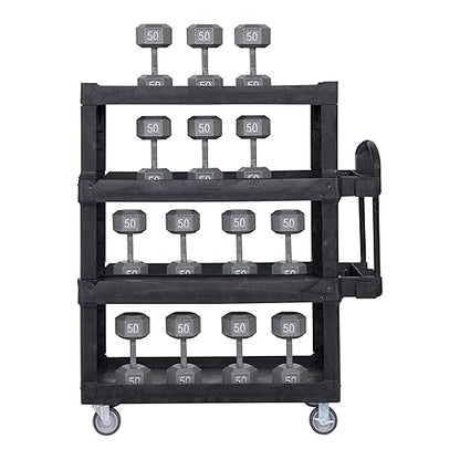 New Rubbermaid Commercial Products 4-Shelf Utility/Service Quad Cart, Heavy Duty Large, Lipped Shelf, Ergonomic Handle, 700 lbs. Capacity, for Warehouse/Garage/Cleaning/Manufacturing (2128657) Black