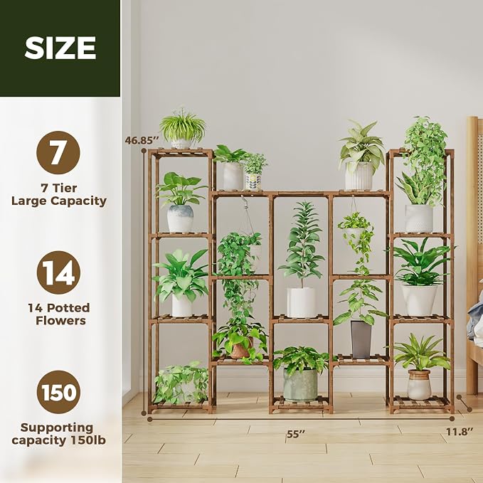 Bamworld Large Hanging Plant Stand Indoor Tall Plant Shelf Outdoor 14 Pots | - Image 6