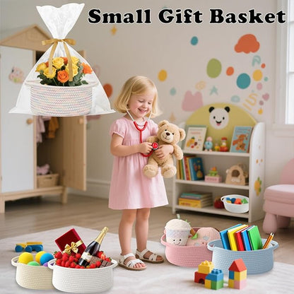 Gift Basket with Gift Bag and Ribbons,Small Rope Woven Shelf Storage,Baskets for Gifts Empty,Birthday,Baby Shower,Decorative Organizer Box with Handles(Colorful Thread)