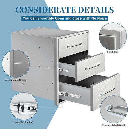 Outdoor Kitchen Drawers 16"Wx21"Hx23"D Flush Mount Access 3-Drawer BBQ Stainless Steel Drawers with Handle for Outdoor Kitchen Island or Grill Station