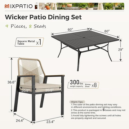 9 Pieces Outdoor Dining Set for 8, Patio Dining Set Wicker Rattan Chairs with Soft Cushion and Square Table with Umbrella Hole, Wicker Patio Table and Chairs for Backyard Porch