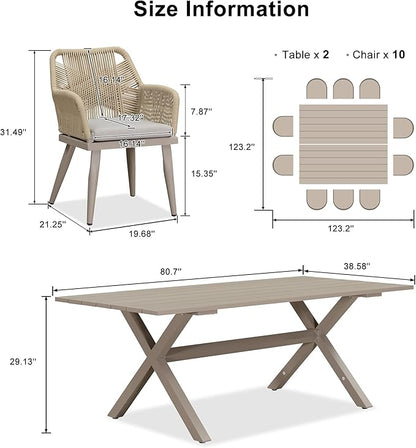 PURPLE LEAF 12 Pieces Outdoor Patio Dining Sets All-Weather PE Rattan Furniture Set with All Aluminum Frame Outdoor Table and Chairs Set for 10 People Lawn Garden Backyard Deck, Champagne