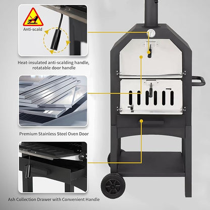 Outdoor Wood Fired Pizza Oven for Backyard and Camping - Portable Patio Pizza Maker with Baking Stone, Peel, Grill Rack and Waterproof Cover