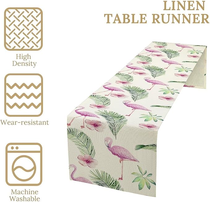 Flamingo Table Runner,Spring Summer Tropical Floral Green Palm Leaves Hawaiian Luau Watercolor Table Center Decor for Family Kitchen Living Room Farmhouse Party Table Decorations, 13"x90"