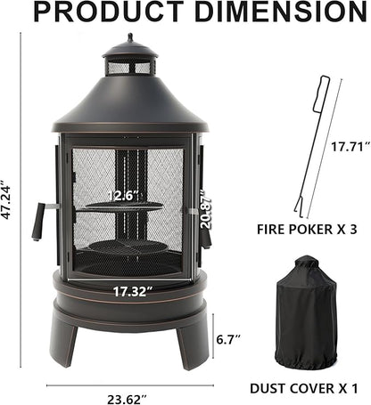 ALAULM Metal Chiminea Fire Pit with Grill, 2 in 1 Firepit with Adjustable Grill Tray & Mesh Spark Screen Door, 3-Door Multi-Access Fireplace for Patio, Garden & Backyard