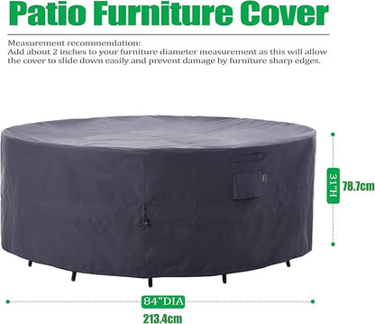 F&J Outdoors Patio Furniture Covers, Heavy Duty Tear Resistant Waterproof UV Resistant Windproof Outdoor Furniture Cover, Grey, 84" Dia x 31" H