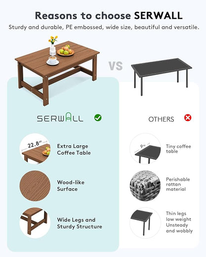 SERWALL HDPE Patio Coffee Table, Rectangle Outdoor Coffee Table, All-Weather Coffee Side Table for Balcony, Poolside, Deck, Garden, Brown