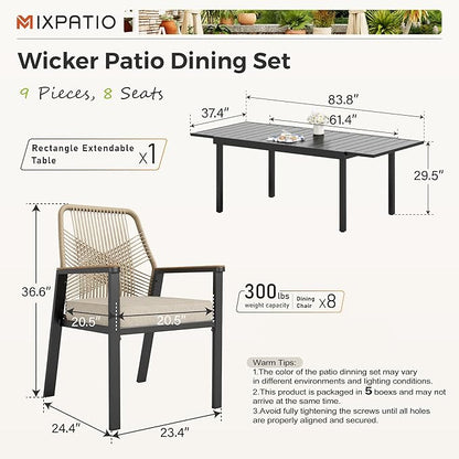 9 Pieces Outdoor Dining Set for 8, Patio Dining Set Wicker Rattan Chairs with Soft Cushion and Extendable Rectangular Table, Wicker Patio Table and Chairs for Backyard Porch