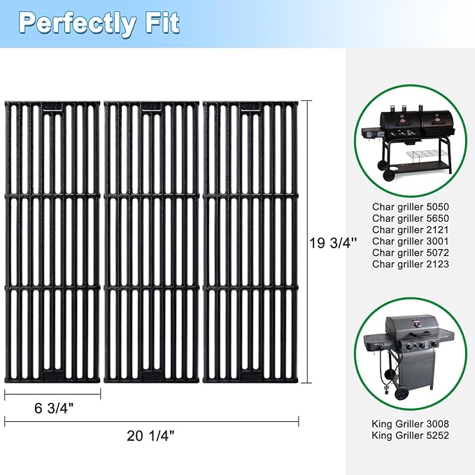 Adviace Grill Parts for Char Griller 5050, 5650, 2121, 3001, 5072, 2123, 2828, 3030, King Griller 3008, 5252, Cast Iron Grill Grates, Heat Plates, Burners, Ignitors for Chargriller Replacement Parts.