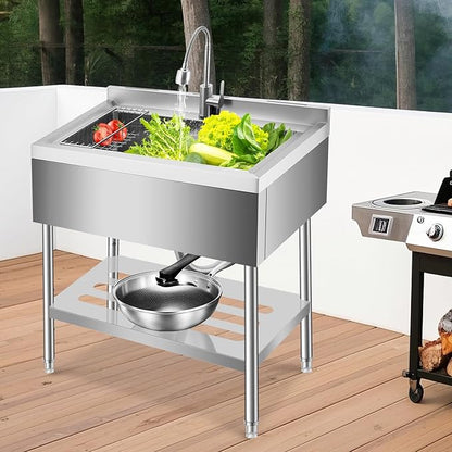Stainless Steel Utility Sink, 35 Inch Freestanding Commercial Sink, Adjustable Leg with Hot and Cold Water Faucet, Hoses and Drain Kit, Large Laundry Tub for Kitchen, Garage, Bathroom, Outdoor Use