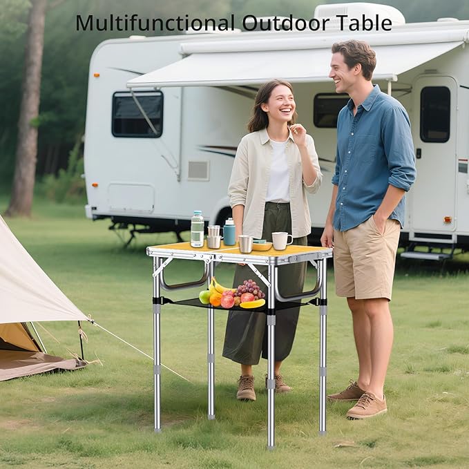 Anbte 2ft Camping Table Foldable, 3 Adjustable Heights High 27.5" Aluminum Small Folding Table with Carrying Handle, Portable, for Outdoor Indoor Picnic Beach BBQ Party Travel, 24" x 16", Yellow