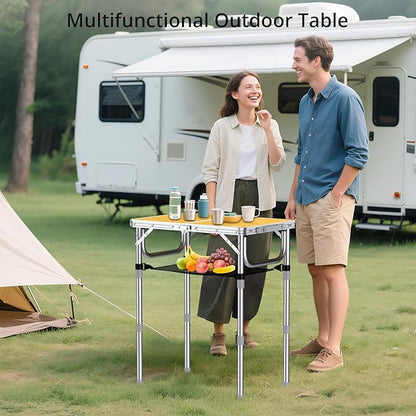 Anbte 2ft Camping Table Foldable, 3 Adjustable Heights High 27.5" Aluminum Small Folding Table with Carrying Handle, Portable, for Outdoor Indoor Picnic Beach BBQ Party Travel, 24" x 16", Yellow