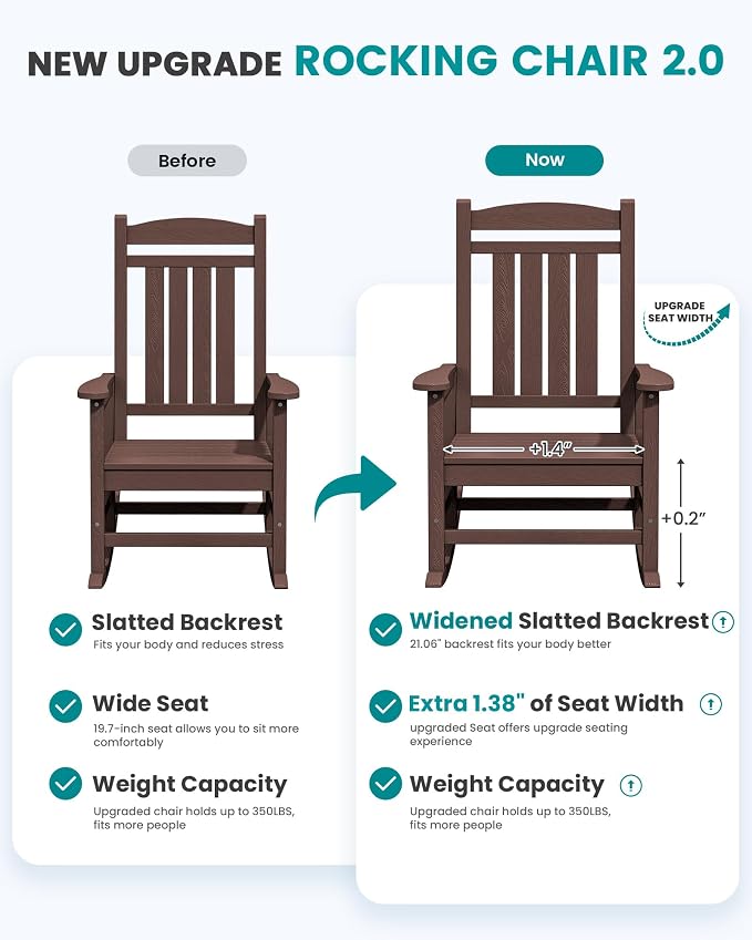SERWALL Outdoor Rocking Chair Set of 4, Patio Rocking Chair, Coffee | HDPE - Image 4
