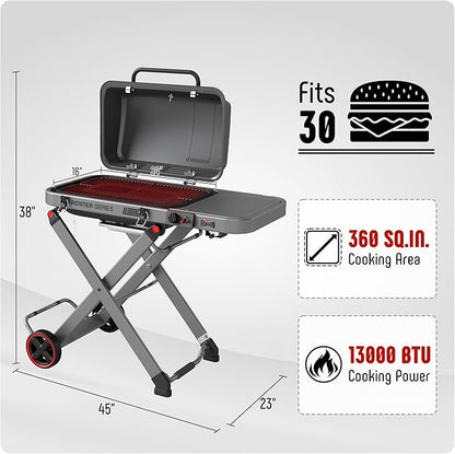 Portable Propane Gas Grill with Folding Cart & 13000 BTUs Burner, 360 Sq. In. Cast Iron Cooking Grates, Side Table, 8" Wheels, Stainless Grease Tray for Outdoor BBQ, Camping & Tailgating, Grey