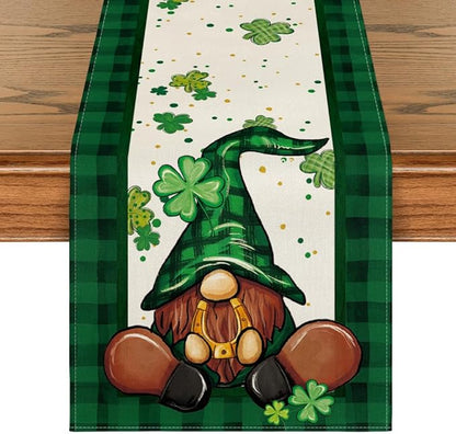 Artoid Mode Shamrock Buffalo Plaid Gnomes Lucky St. Patrick's Day Table Runner, Kitchen Dining Table Decor for Outdoor Home Party Decor 13 x 90 Inch