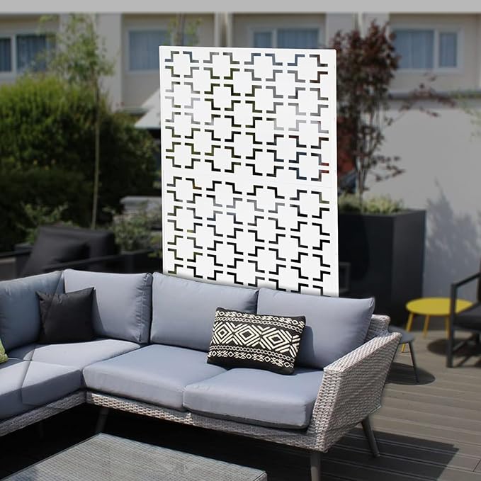 Outdoor Metal Privacy Screen with Stand, 35.4" W x 75" H Freestanding Metal Slatted Decorative Privacy Screen and Panels for Patio Garden Balcony Porch (White B)