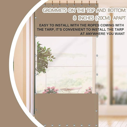 20 Oz Outdoor Vinyl Curtain, Outdoor Clear Panel Curtain, Weather Resistant Outdoor Curtain for Pergola, Porch, Gazebos, with Rustproof Grommets (8'H x 7'W, Beige)