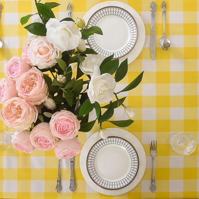 Cupuamon 2 Pack Waterproof Polyester Fabic Rectangle Checkered Tablecloth，60x120 Outdoor Table Cloth，Oil Stain Prevention Table Cloth for Pinics and Parties（Yellow and White）