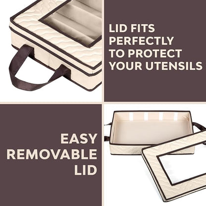 Flatware Storage Case - Durable 5 Compartment Silverware Storage Container Box with Removable Lid and Easy to Carry Handles - Large Capacity Keeps Your Cutlery Organized & Protected - Beige