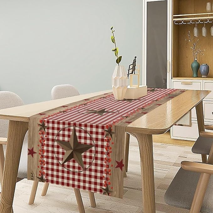 Farmhouse Western Table Runner,Rustic Country Barn Red White Buffalo Plaid Texas Star Berries Print Table Decoration for Kitchen Dining Table Wedding Home Party 13x108in