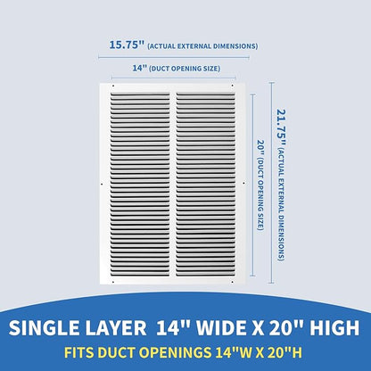 14x20 Return Air Grille(Duct Opening Size),Air Return Vent Cover,Flat Return Air Grilles,Cold Air Return Vent Cover,14x20 Air Return Grille,Outer Dimensions:15.75"Wx21.75"H(14"W x 20"H, Duct Opening)
